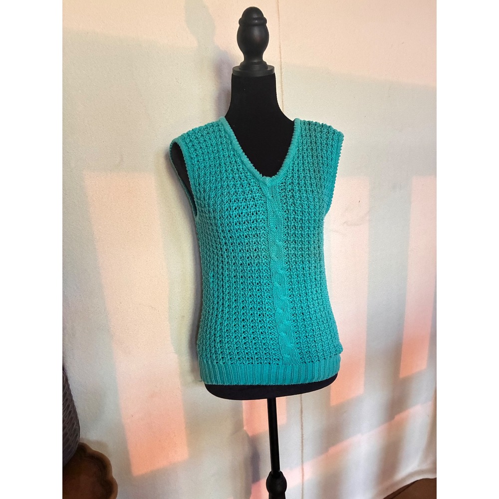 Personal Sweater Vest Women Small Teal Excellent Crochet Cable Knit V-Neck